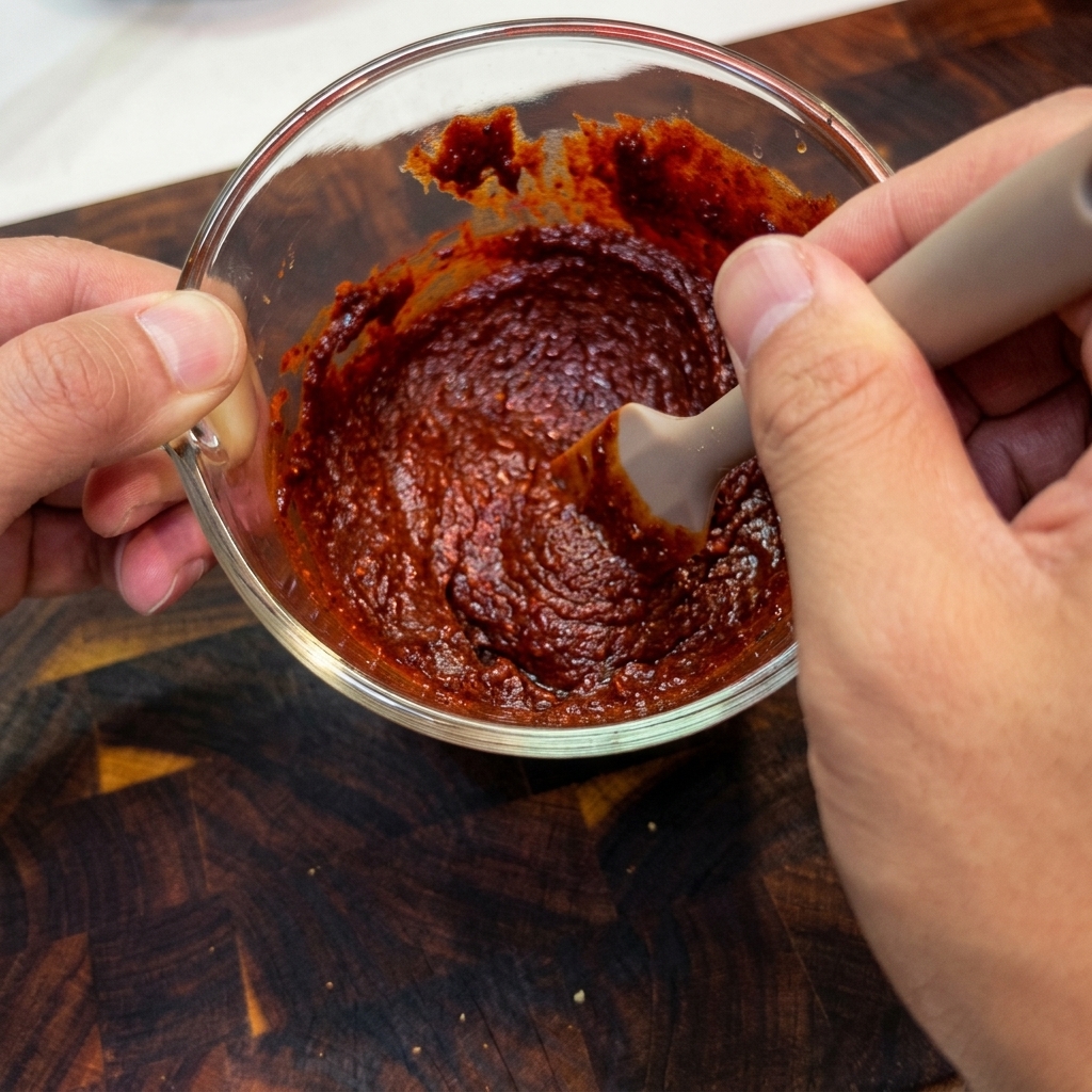 Hände verrühren eine dicke, leuchtend rote Chilisauce in einer Glasschüssel mit einem Teigschaber.
