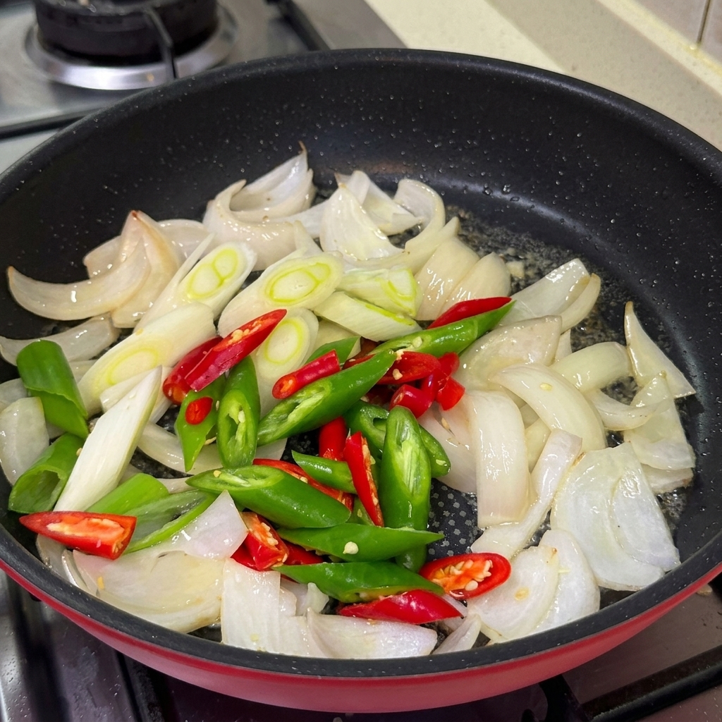 Geschnittene grüne und rote Chilis, Frühlingszwiebeln und gehackter Knoblauch garen zusammen mit den Zwiebeln in einer Pfanne.