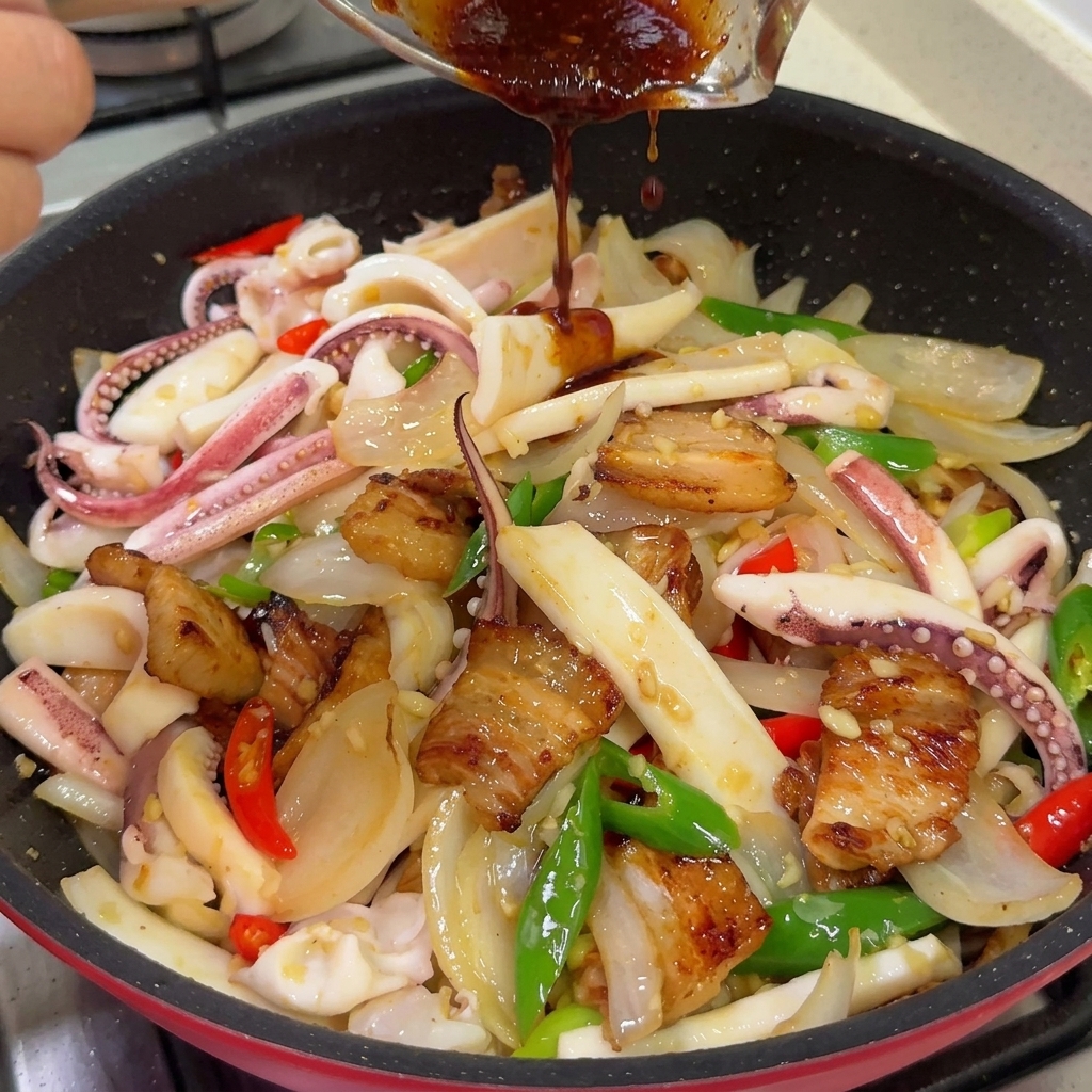 Dunkelrote, dicke Chilisauce wird über den Tintenfisch, Schweinebauch und das Gemüse in der Pfanne gegossen.