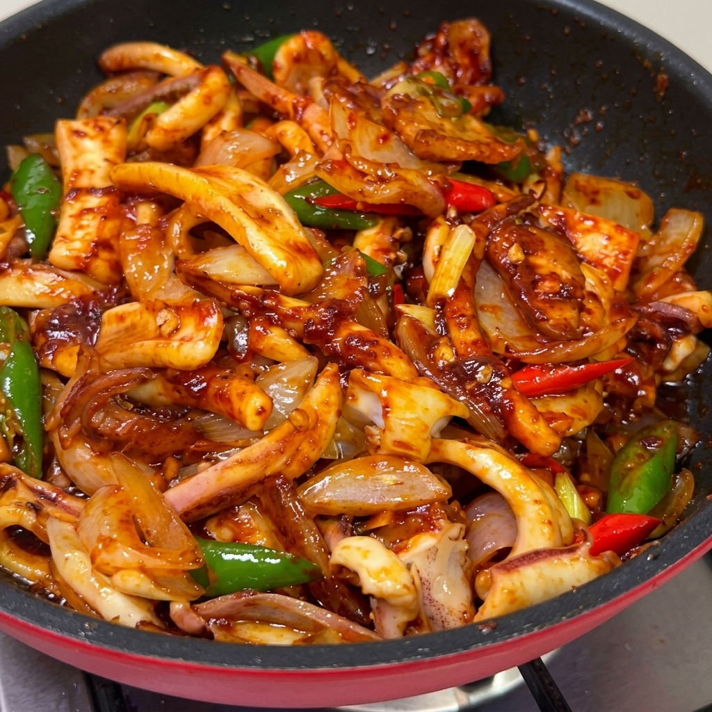 Tintenfisch, Schweinebauch und Gemüse in einer Pfanne, vollständig überzogen mit einer leuchtenden, glänzenden roten Chilisauce.