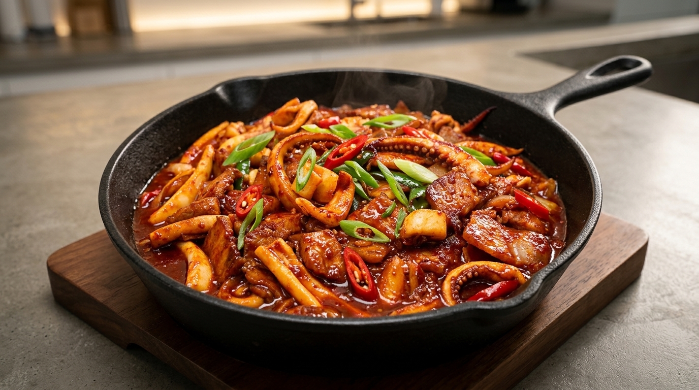 Scharfes koreanisches Pfannengericht mit Tintenfisch und Schweinebauch (Osam Bulgogi)