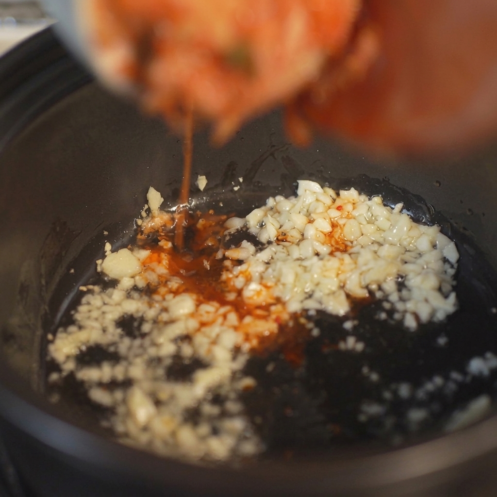 Gehacktes Kimchi mit leuchtend rotem Saft wird aus einer Schüssel zum angebratenen Knoblauch in den schwarzen Tontopf gegossen.
