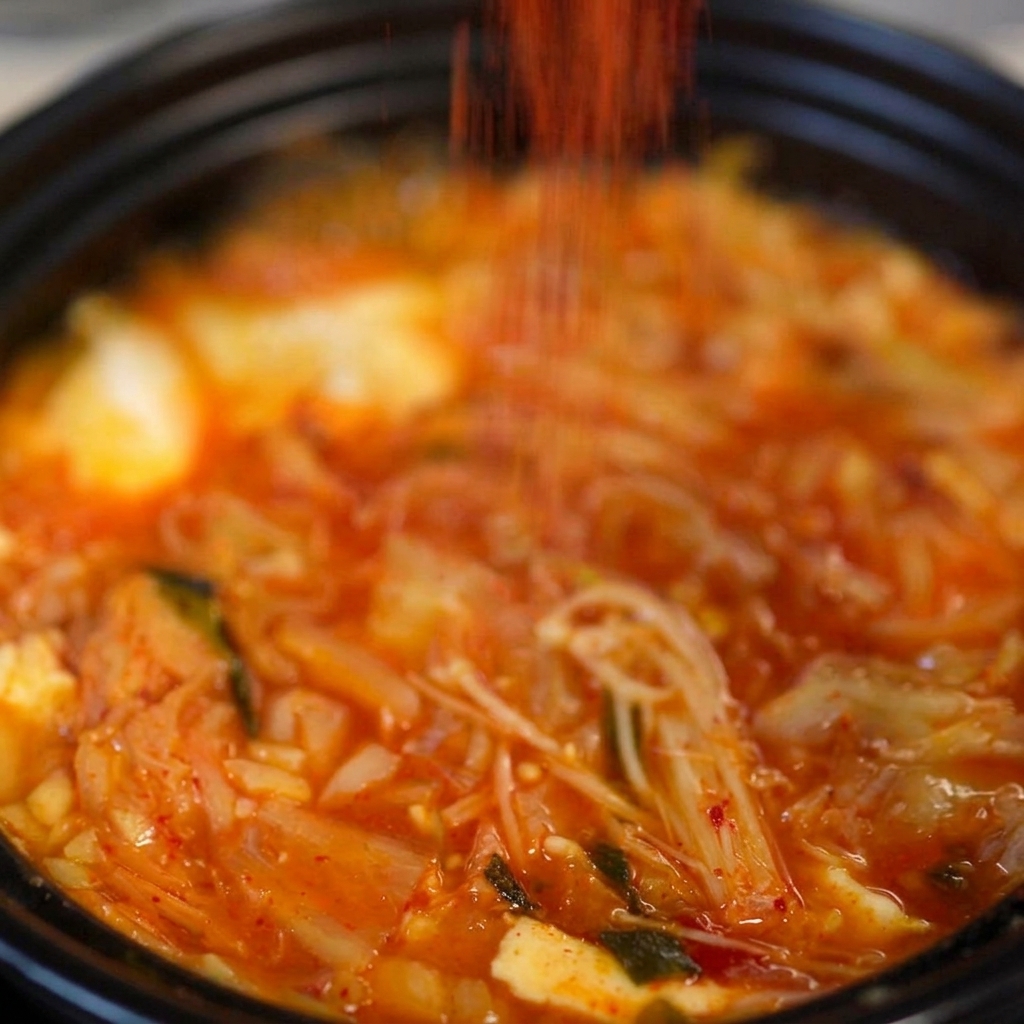 Ein Löffel leuchtend roter koreanischer Chiliflocken wird direkt in die kochende rote Kimchibrühe im dunklen Tontopf gestreut.