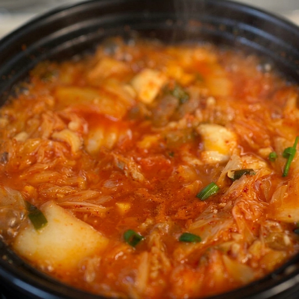 Frisch gehackte Frühlingszwiebeln sind über der kochenden, tiefroten koreanischen Kimchi-Suppe im schwarzen Topf verstreut.