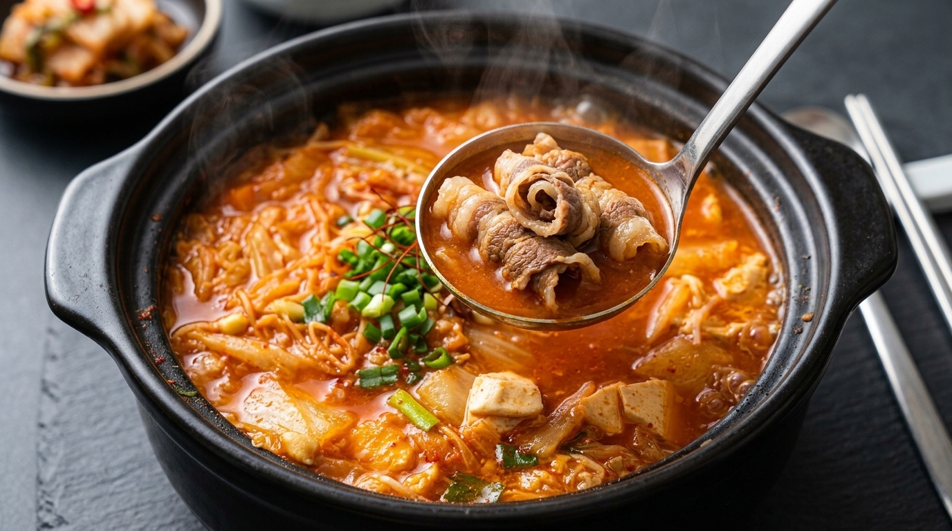 Authentische koreanische Kimchi-Suppe mit Rindfleisch (Kimchi-Jjigae)
