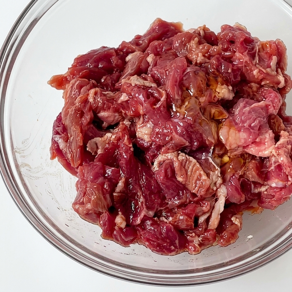 Eine klare Glasschüssel mit mariniertem rohem Rindfleisch, das von einer feinen Ölschicht glänzt.