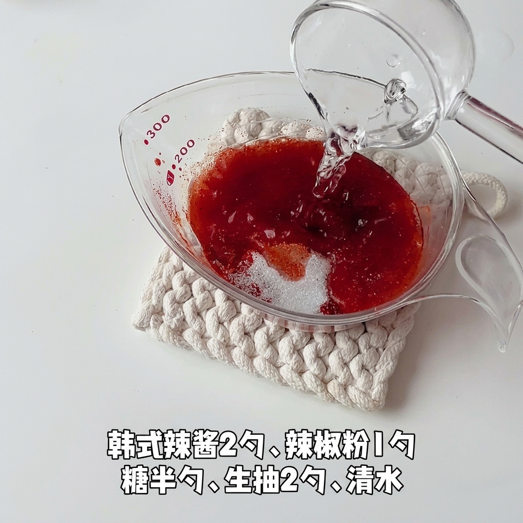 Wasser wird aus einem Glas in einen Messbecher gegossen, der mit koreanischer Chilipaste, Chilipulver und Zucker gefüllt ist.