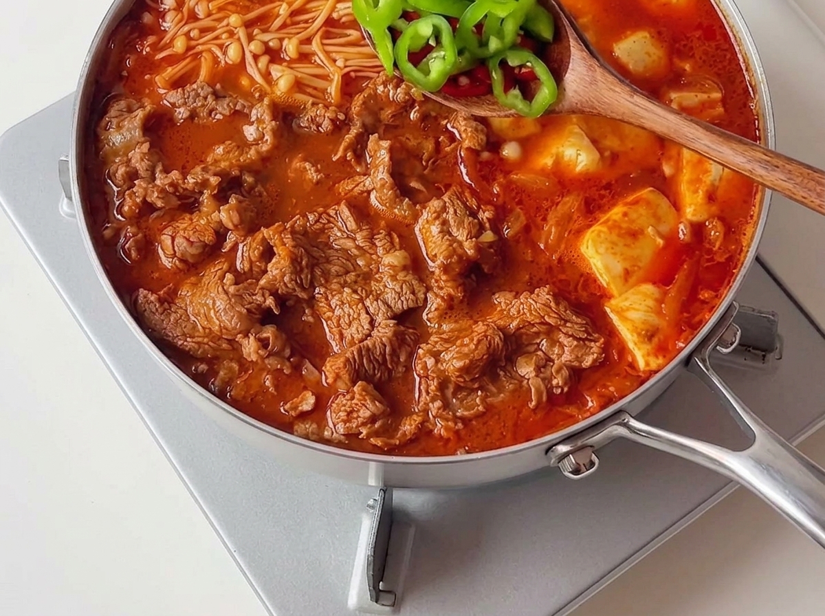 Ein Holzlöffel verstreut geschnittene grüne und rote Chilischoten über einen fertig gekochten, brodelnden koreanischen Kimchi-Rindfleisch-Eintopf.