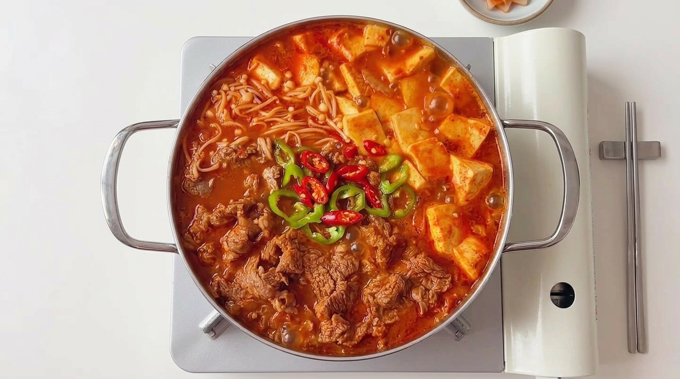 Koreanischer Kimchi-Eintopf mit Rindfleisch und Tofu (Kimchi Jjigae)