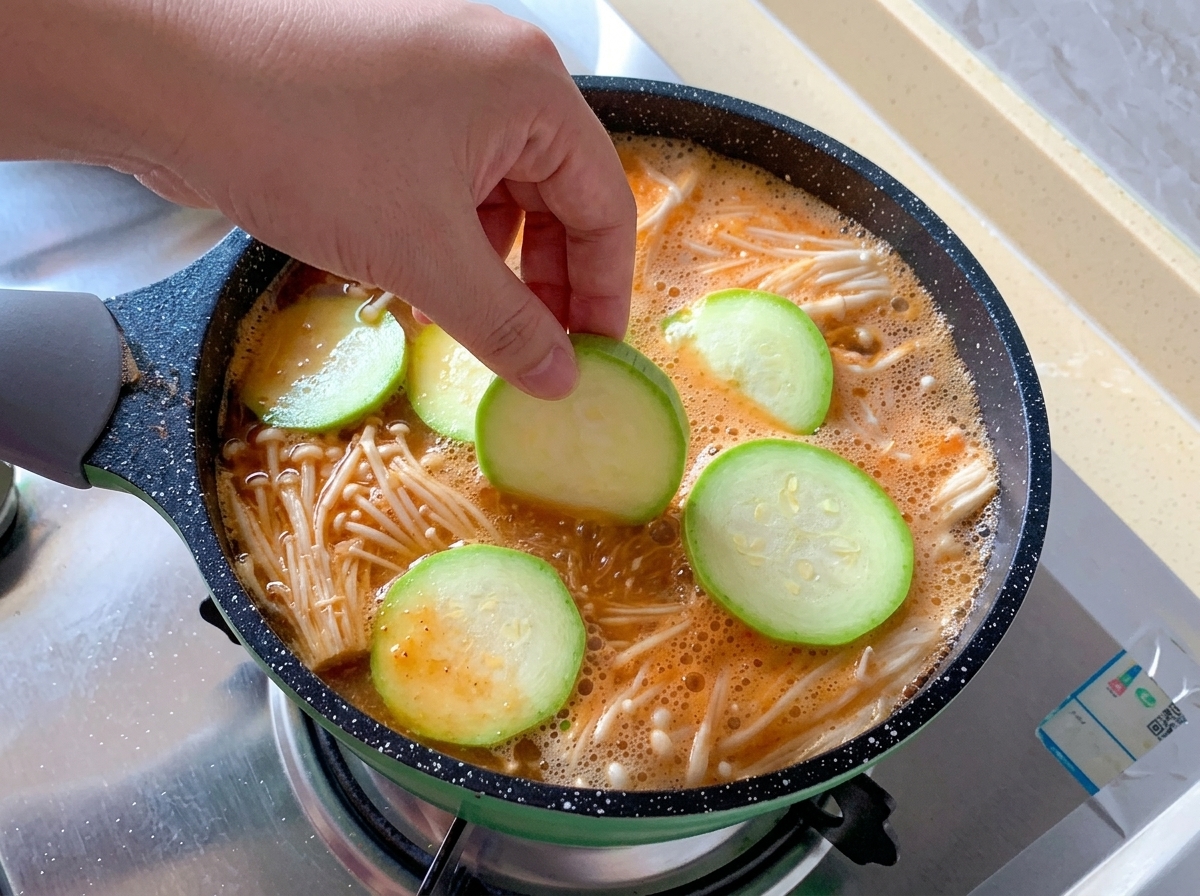 Runde Scheiben frischer grüner Zucchini werden von Hand auf der köchelnden Suppe mit Enoki-Pilzen platziert.