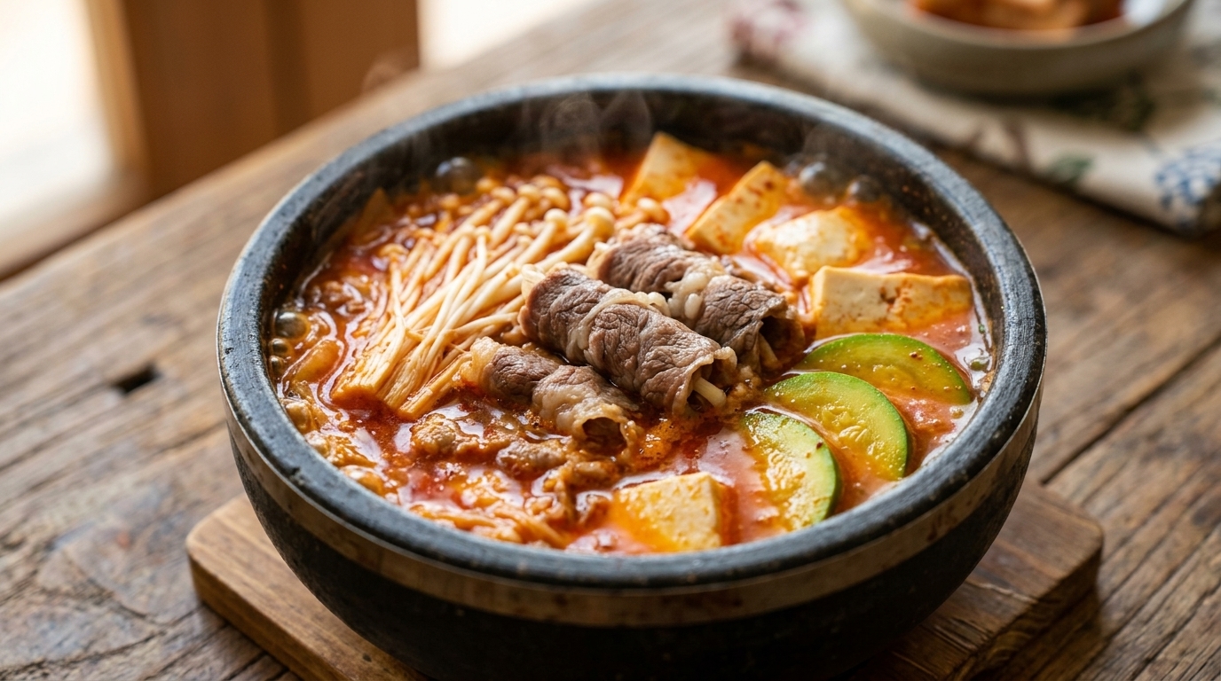 Klassische koreanische Kimchi-Suppe mit Rindfleisch und Tofu