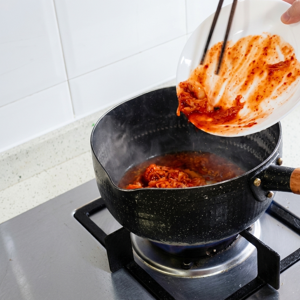 Gehacktes Kimchi wird mit Stäbchen von einem weißen Teller in einen heißen Topf schoben.