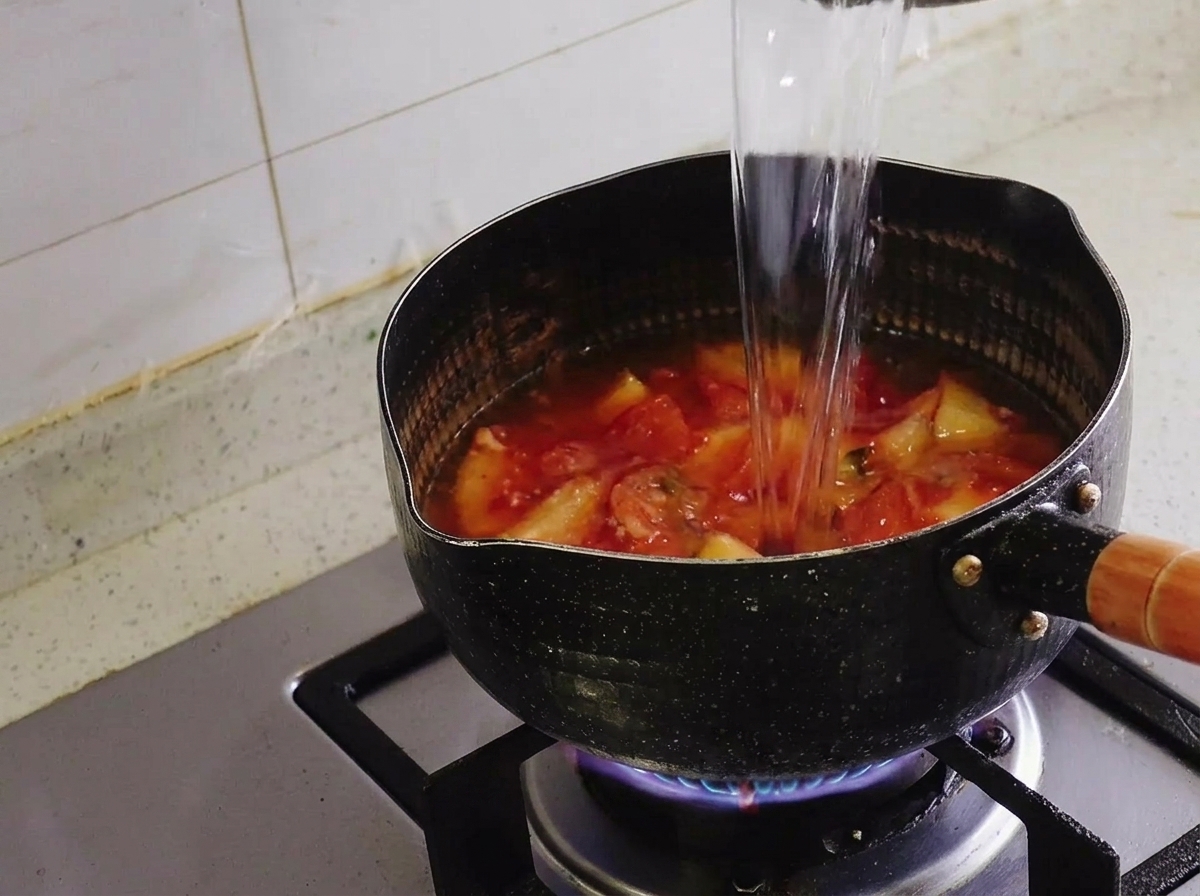 Ein Strahl klaren Wassers wird in einen schwarzen Topf mit angebratenem roten Kimchi gegossen.