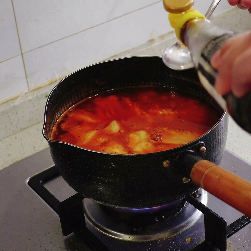 Würzsauce wird aus einer Flasche auf einen Löffel über einem Topf mit köchelnder roter Kimchi-Suppe gegossen.