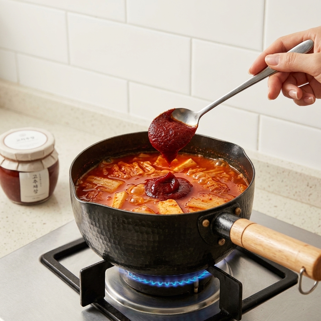 Eine Hand gibt einen großen Löffel dicke, rote koreanische Chilipaste in einen kochenden Suppentopf auf dem Herd.