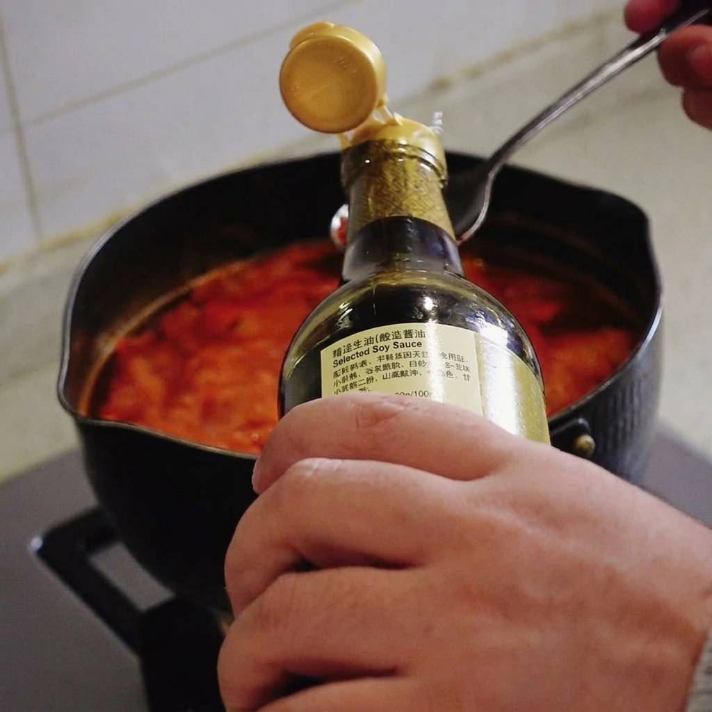 Eine Hand gießt helle Sojasauce aus einer Flasche auf einen Metalllöffel über einem köchelnden roten Suppentopf.