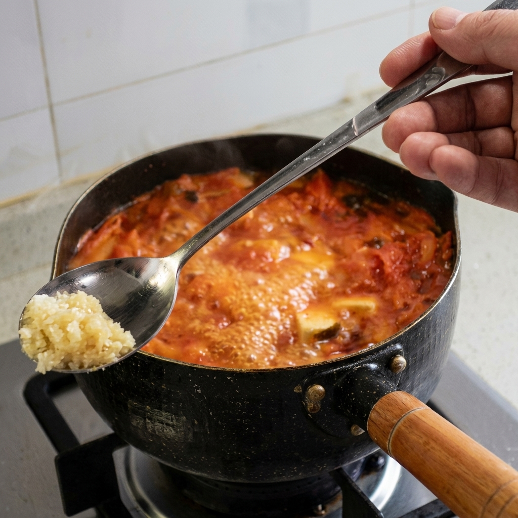 Ein Metalllöffel hält eine Portion gehackte Knoblauchpaste über einen Topf mit kochender roter Kimchi-Suppe.