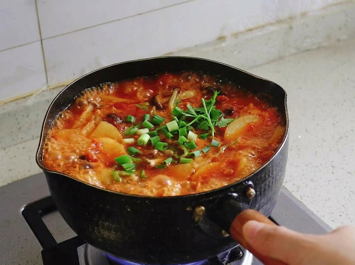 Frisch gehackte Frühlingszwiebeln werden über einen kochenden Topf mit roter Kimchi-Suppe, Tofu und Fleisch gestreut.