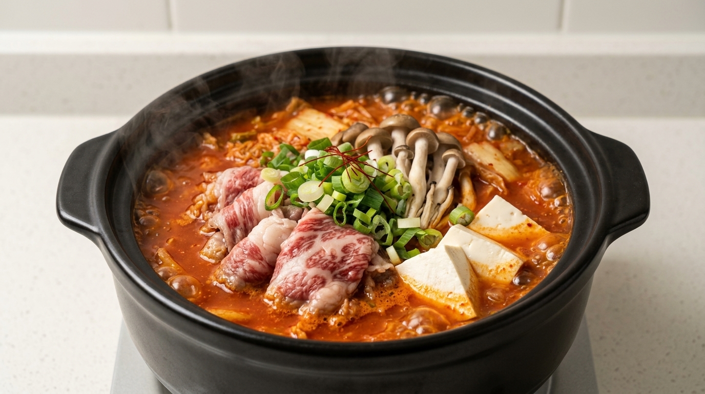 Scharfe Kimchi-Suppe mit Rindfleisch und Seidentofu