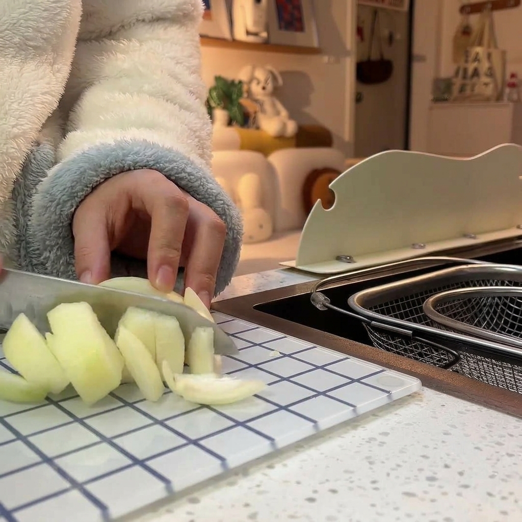 Eine Person in einer flauschigen Jacke schneidet eine weiße Zwiebel auf einem gemusterten Glasschneidebrett.