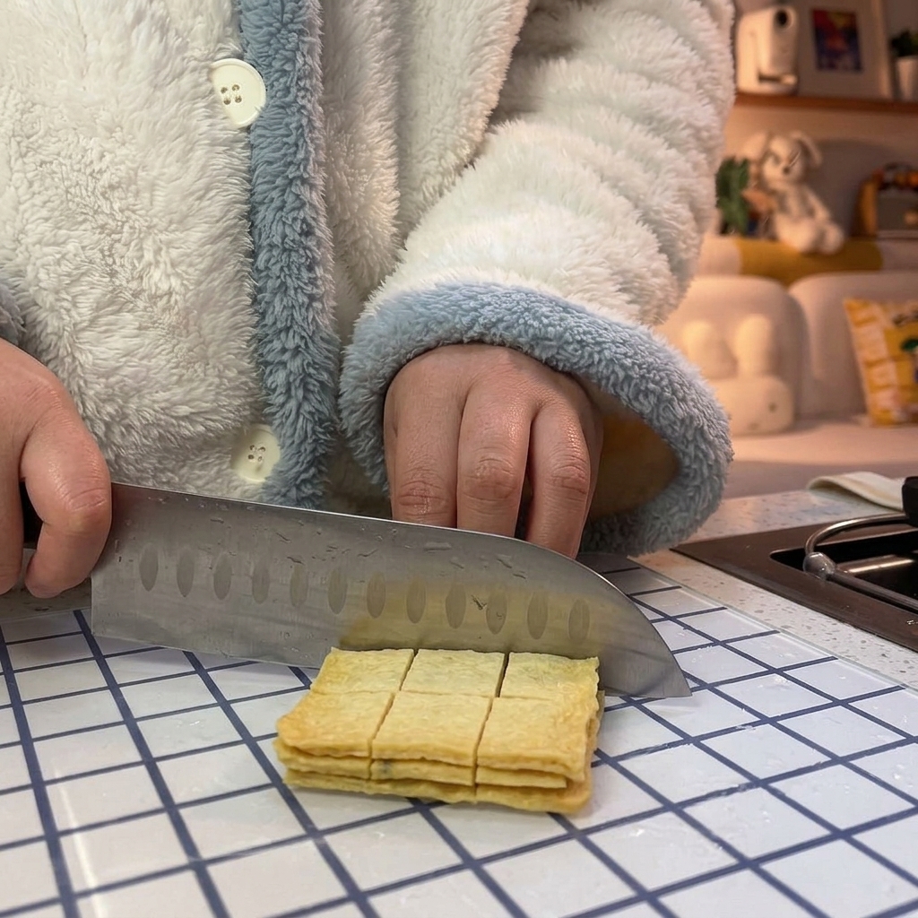 Ein großes Messer schneidet eine gelbe Platte Fischkuchen auf einem Schneidebrett in mundgerechte, quadratische Stücke.