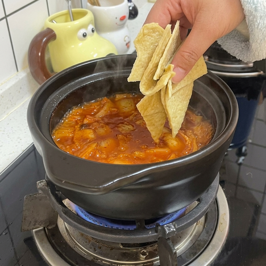 Eine Hand gibt dreieckige Fischkuchenstücke in den köchelnden roten Eintopf in einem schwarzen Tontopf.