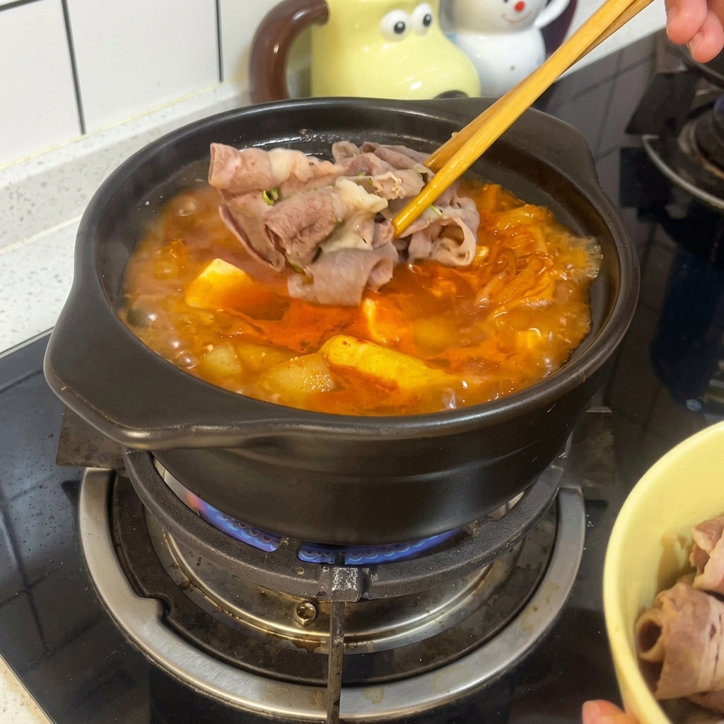 Essstäbchen legen die blanchierten Rindfleischröllchen oben auf den scharfen Tofu-Kimchi-Eintopf im Tontopf.