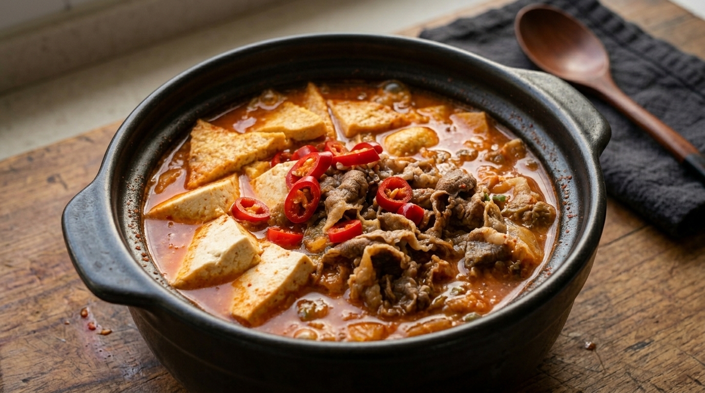 Scharfer koreanischer Kimchi-Eintopf mit Rindfleisch und Seidentofu (Kimchi Jjigae)