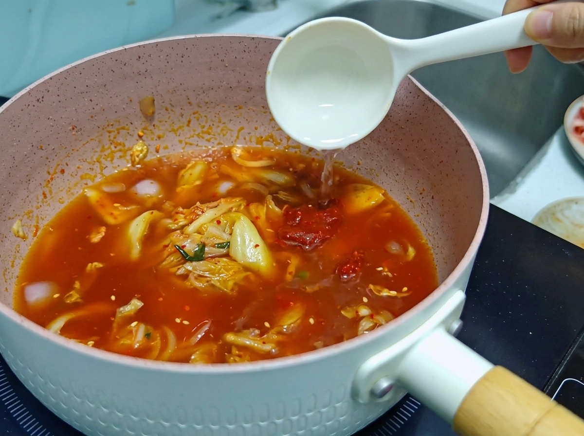 Eine weiße Kelle gießt klares Wasser in eine rosa Pfanne, in der eine rote Kimchi-Suppenbrühe köchelt.