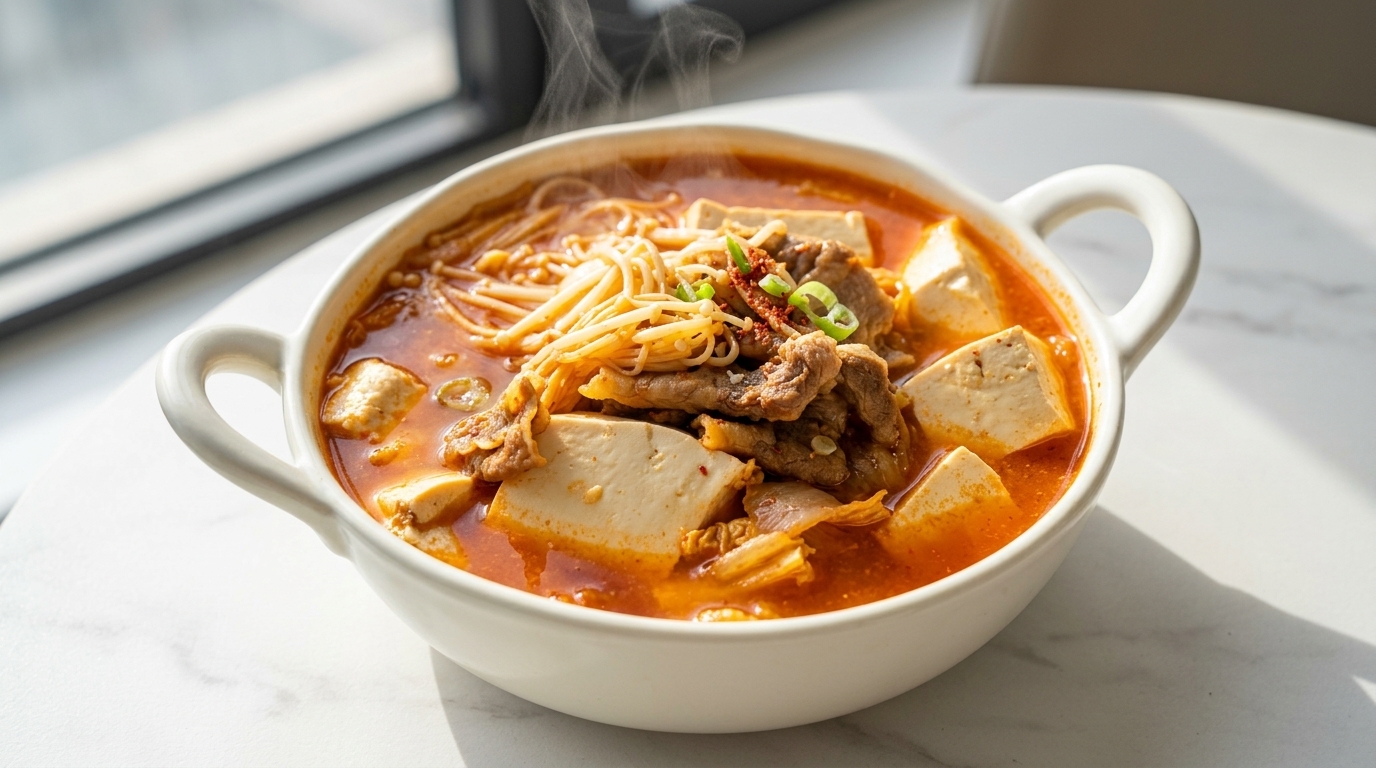 Scharfe koreanische Kimchi-Suppe mit Rindfleisch und Tofu