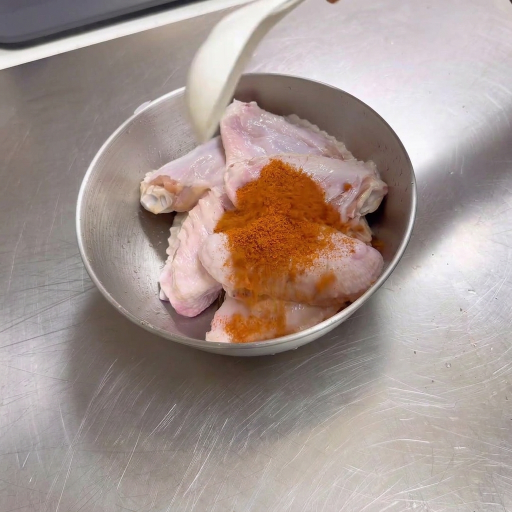Leuchtend orangefarbenes Orleans-Gewürzpulver liegt auf rohen Hähnchenflügeln in einer Metallschüssel, darüber befindet sich ein weißer Löffel.