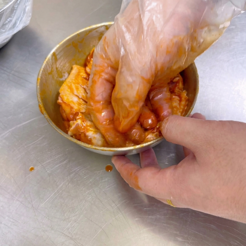 Eine Hand mit Handschuh vermengt rohe Hähnchenflügel gründlich mit einer leuchtend orangefarbenen Orleans-Marinade in einer Metallschüssel.