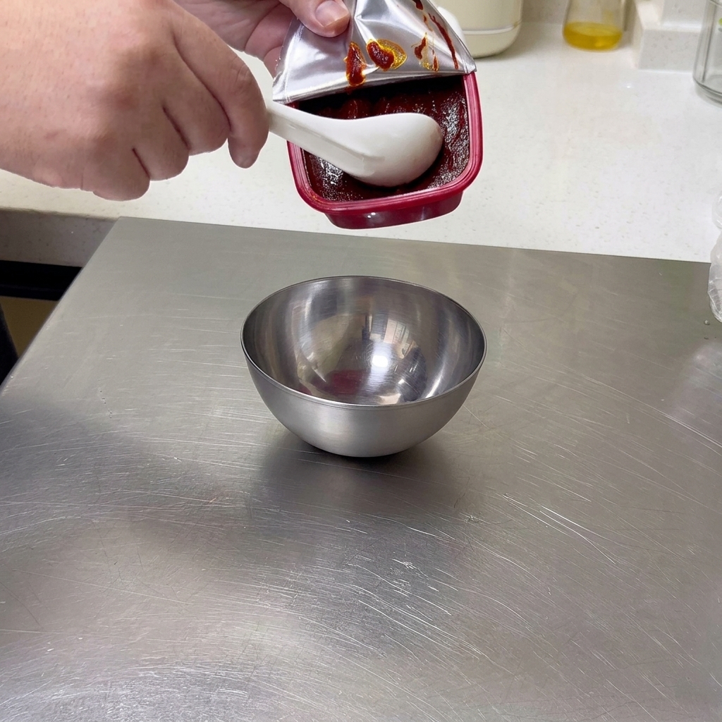 Ein weißer Keramiklöffel gibt dicke, rote Chilipaste aus einem Behälter in eine kleine Edelstahlschüssel.