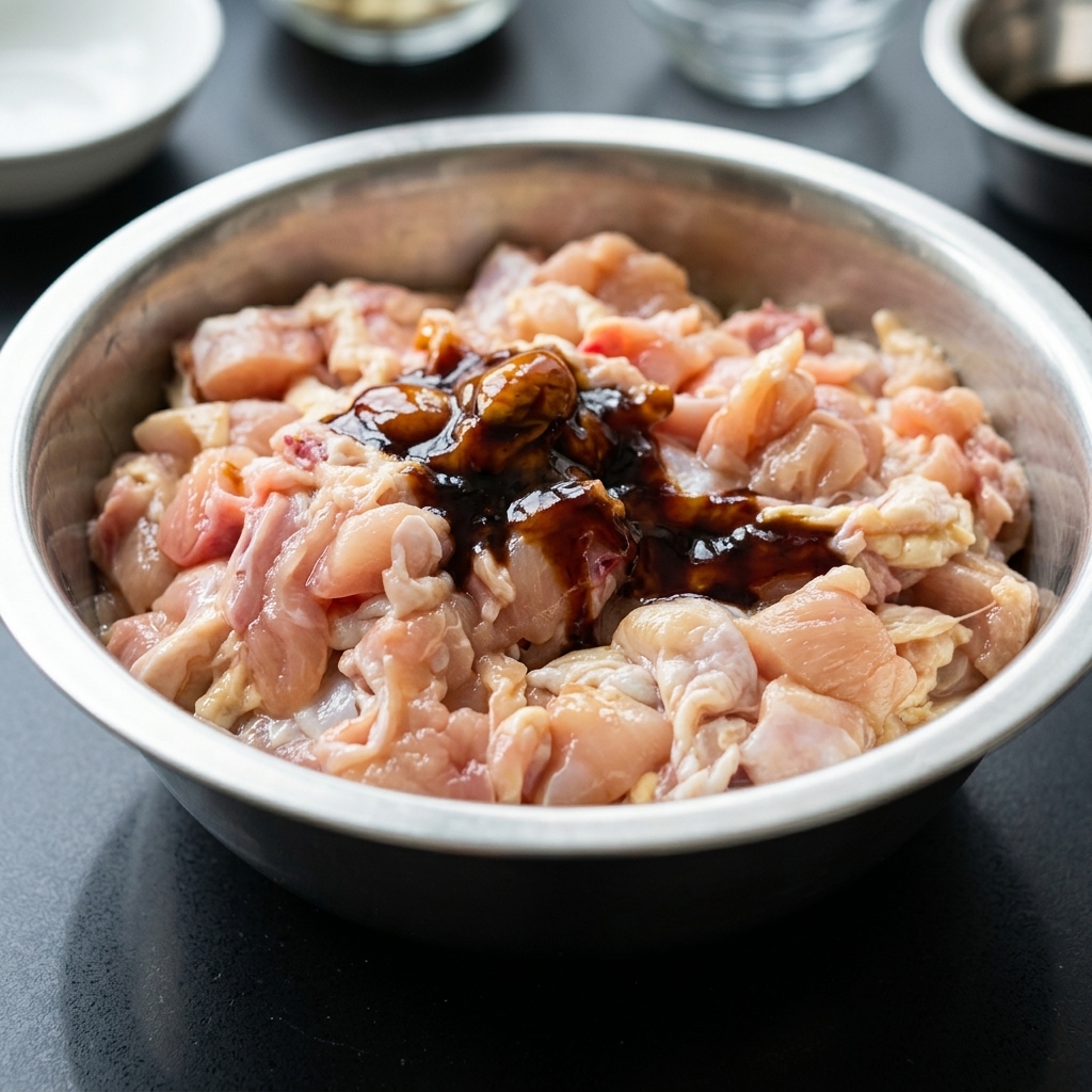 Frische rohe Hähnchenstücke in einer Edelstahlschüssel, garniert mit heller Sojasauce und dickflüssiger Austernsauce.