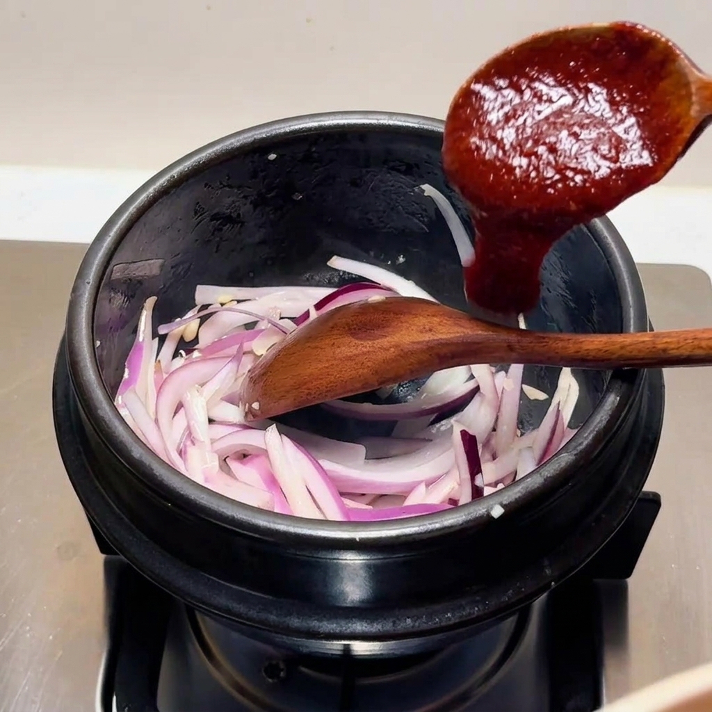 Ein Holzlöffel gibt eine dicke, rote Chilisauce zu den roten Zwiebelscheiben in einem schwarzen Steintopf.