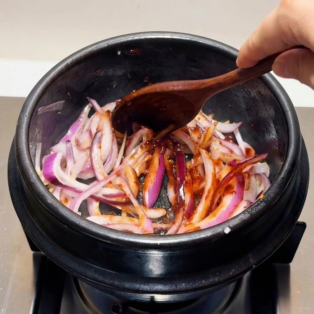 Rote Zwiebelscheiben, die vollständig mit einer dunkelroten koreanischen Chilisauce überzogen sind, werden mit einem Holzlöffel im Topf vermengt.