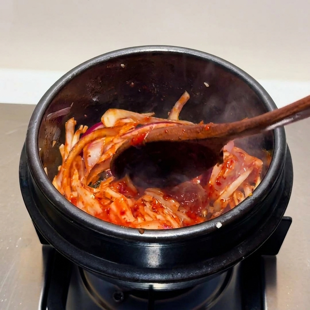 Saures Kimchi und rote Zwiebeln werden zusammen mit einem Holzlöffel in einem dampfenden Steintopf angebraten.