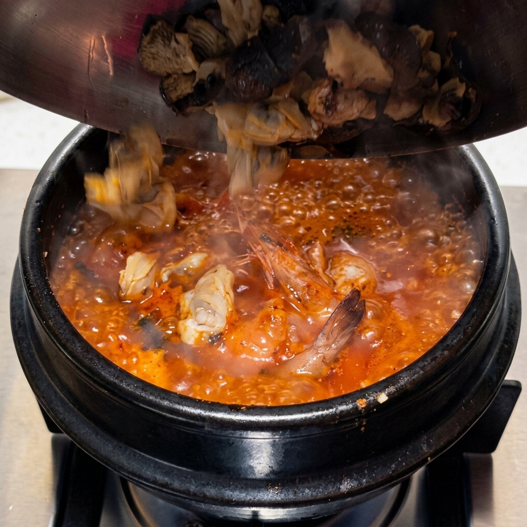 Frische Muscheln und eine ganze Garnele werden in eine kochende, sprudelnde rote Kimchi-Suppenbrühe gegeben.