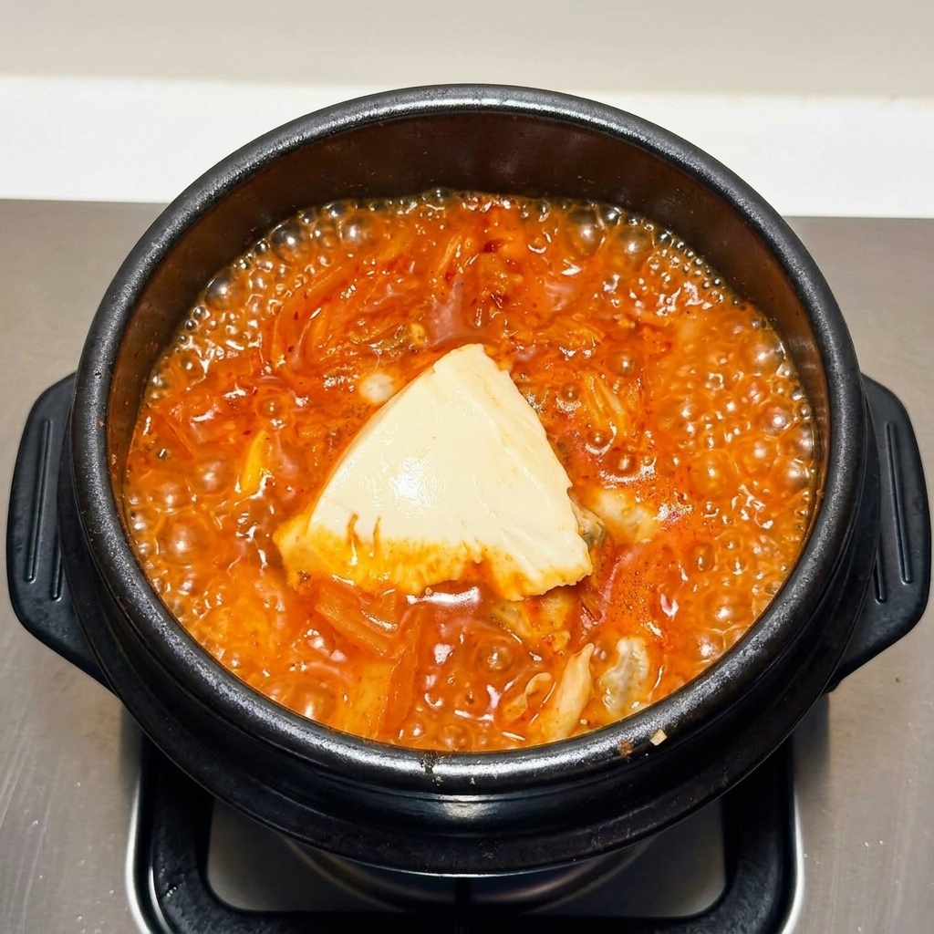 Ein großes Stück glatter, weißer Seidentofu liegt in der Mitte einer kochenden roten Kimchi-Meeresfrüchte-Suppe.