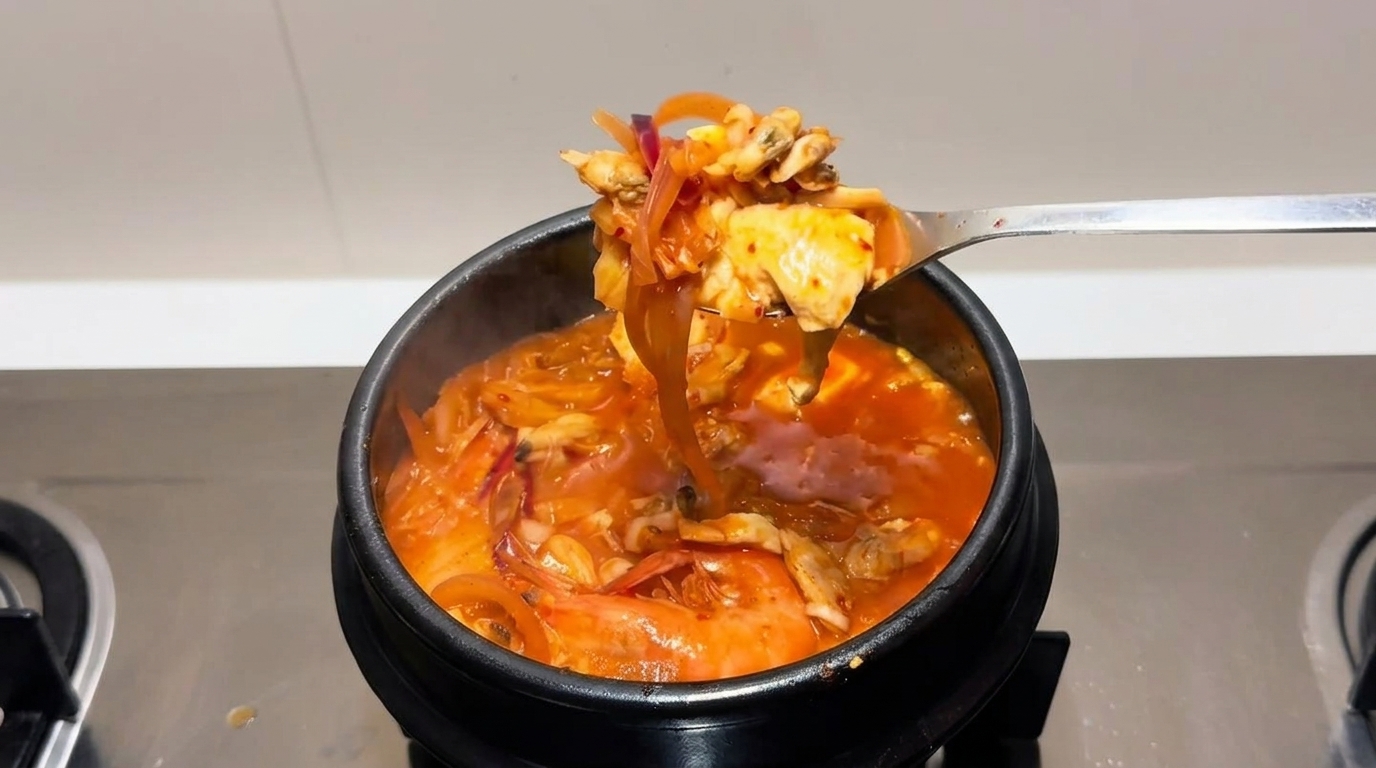 Authentischer koreanischer Kimchi-Eintopf mit Muscheln (Kimchi-jjigae)