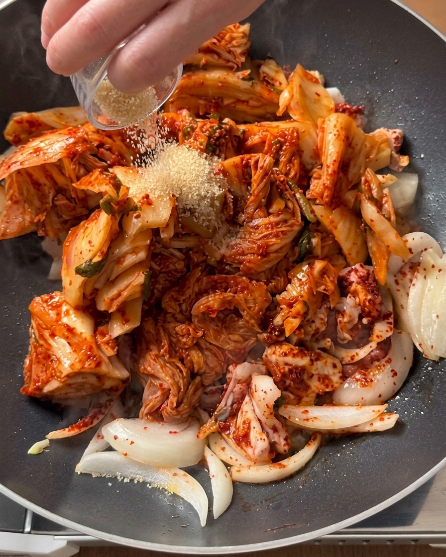 Rohrzucker wird aus einer kleinen Schüssel über eine Mischung aus gehacktem Kimchi und Schweinefleisch in einer Pfanne gestreut.