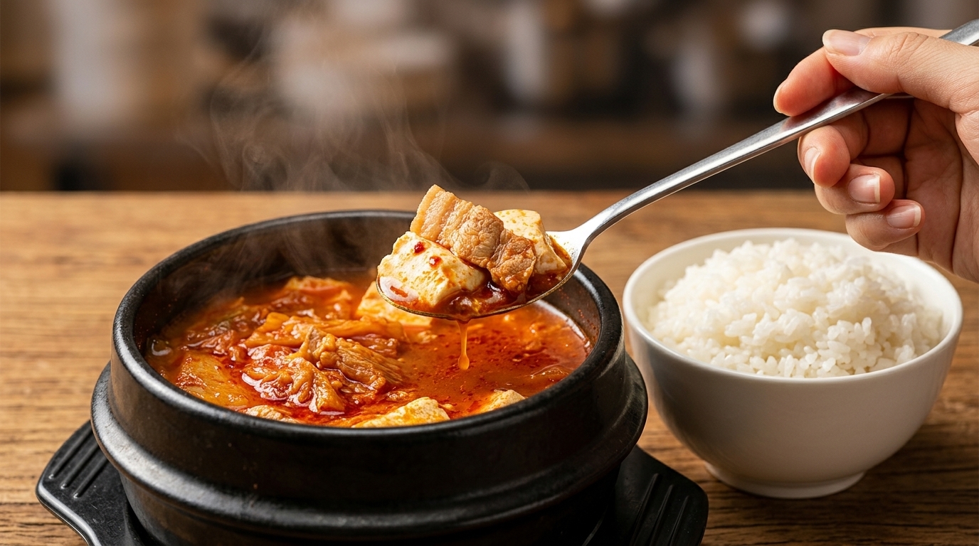 Authentisches Kimchi Jjigae (Koreanischer Kimchi-Eintopf mit Schweinefleisch)
