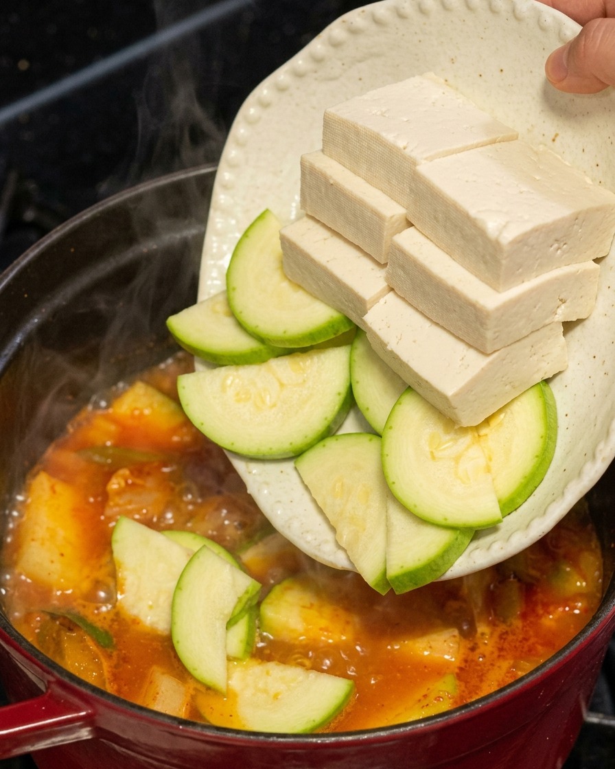 Dick geschnittene Tofustücke und grüne Zucchini-Halbmonde werden von einem teller in den kochenden roten Kimchi-Eintopf geschoben.