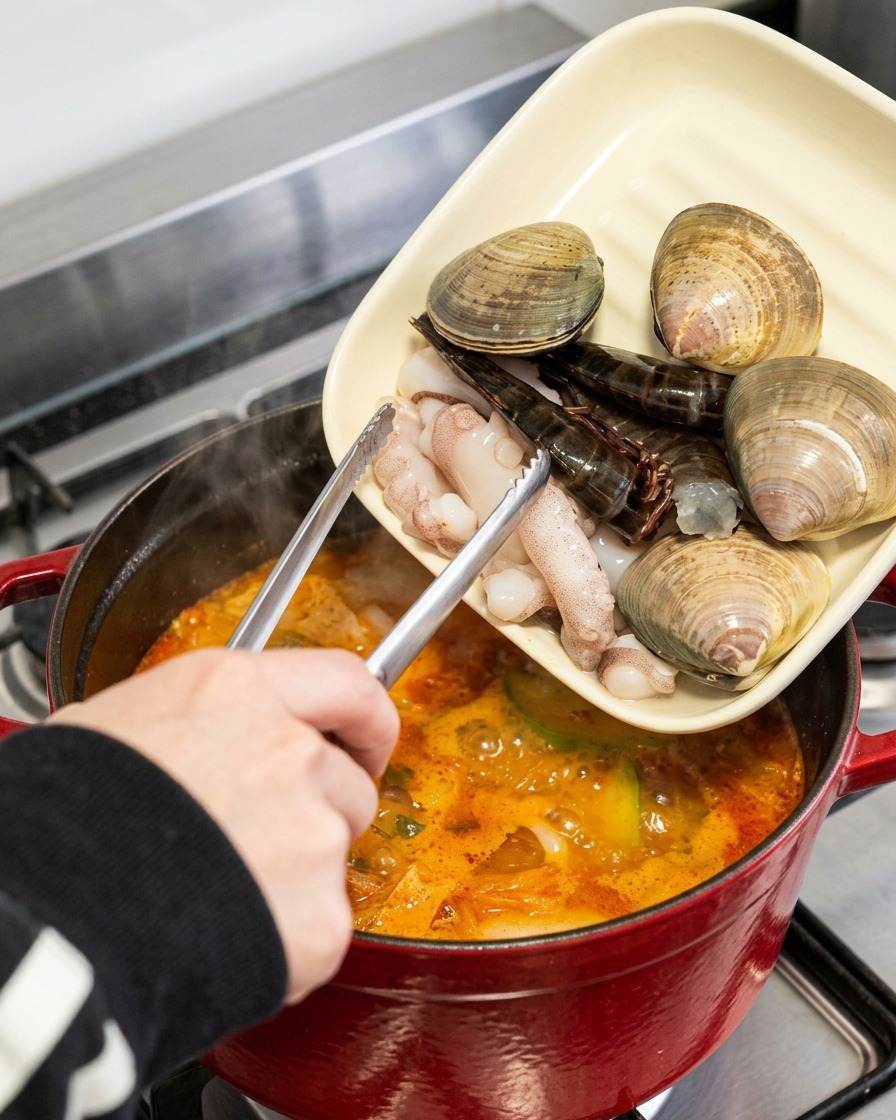 Rohe Muscheln, ganze Garnelen und Oktopusstücke werden mit einer Zange von einem quadratischen Teller in den kochenden Eintopf gegeben.