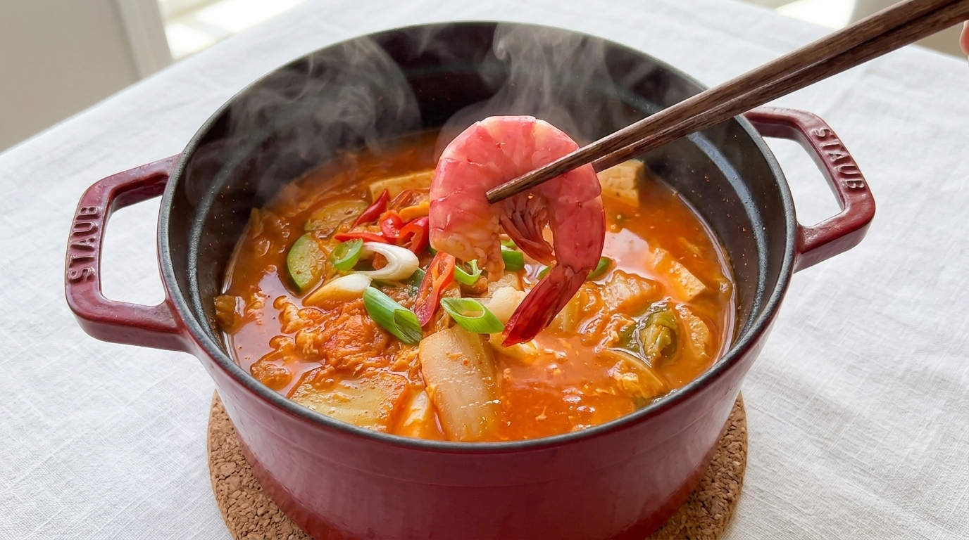 Wärmender Kimchi-Meeresfrüchte-Eintopf (Koreanisches Kimchi Jjigae)