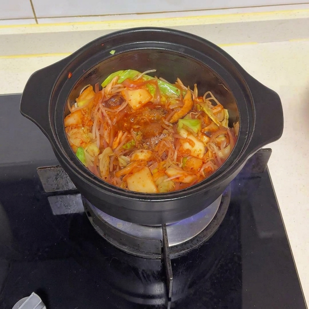 Ein schwarzer Topf voller angebratenem Gemüse und Kimchi, garniert mit verschiedenen Gewürzen und rotem Chilipulver.