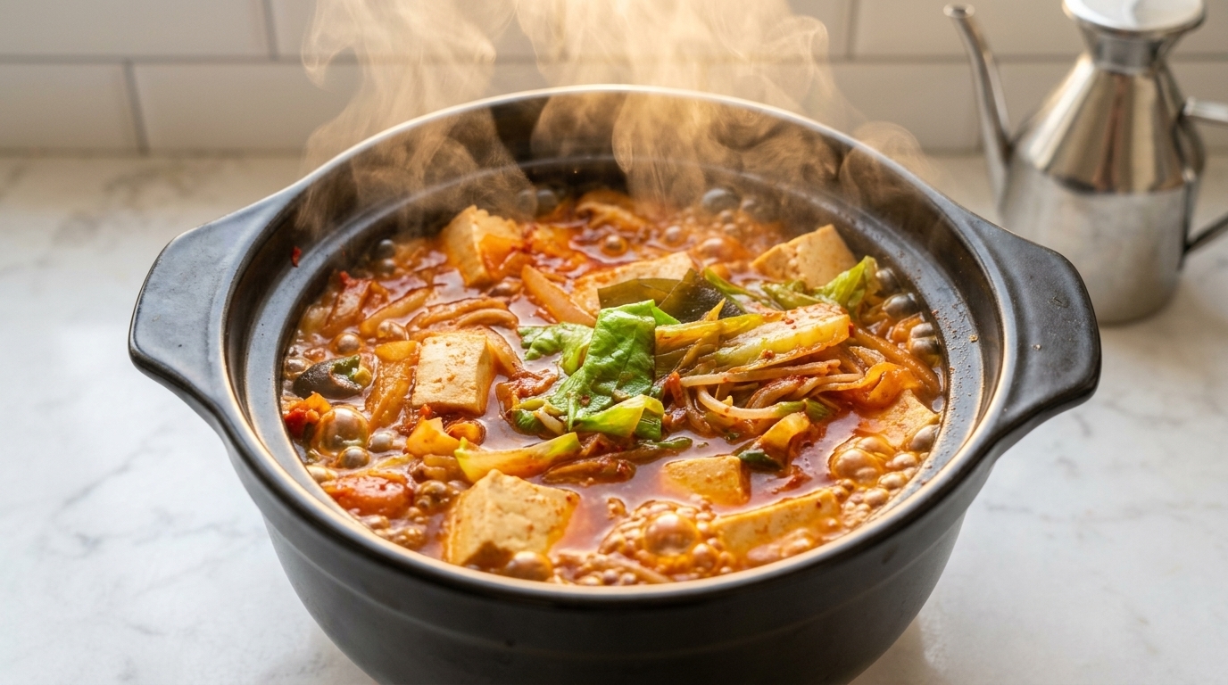Scharfe koreanische Kimchi-Tofu-Suppe (Kimchi Jjigae)