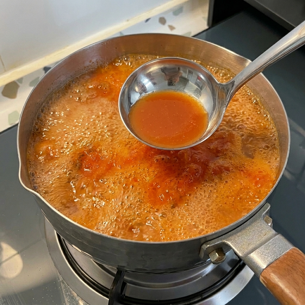 Eine Schöpfkelle aus Metall schöpft orange-roten Schaum von der Oberfläche eines kochenden koreanischen Eintopfs.