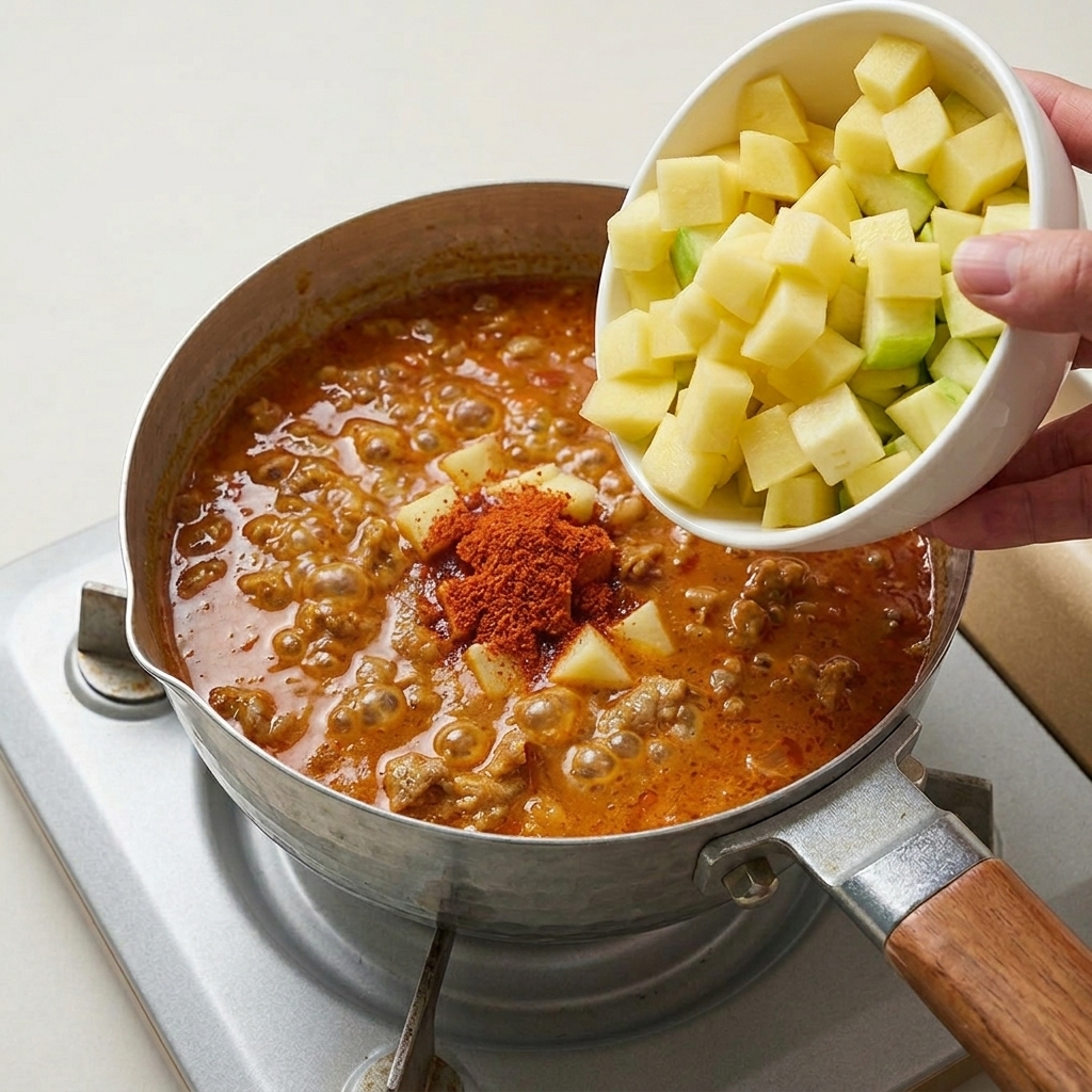 In Würfel geschnittene rohe Kartoffeln und Zucchini werden aus einer weißen Keramikschale in einen kochenden roten Eintopf gegeben.