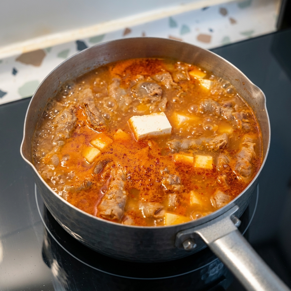 Rechteckige Stücke von weißem Tofu köcheln neben Gemüse in einem orangefarbenen koreanischen Sojabohnenpasten-Eintopf.